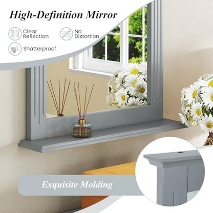CHARMAID Bathroom Mirror with Shelf - 27" x 22.5" Wall Mirror Over Bathroom Sink, Wooden Frame Modern Rectangular Hanging Vanity Makeup Mirrors for Washroom, Entryway (Gray,27" L x 22.5" W)