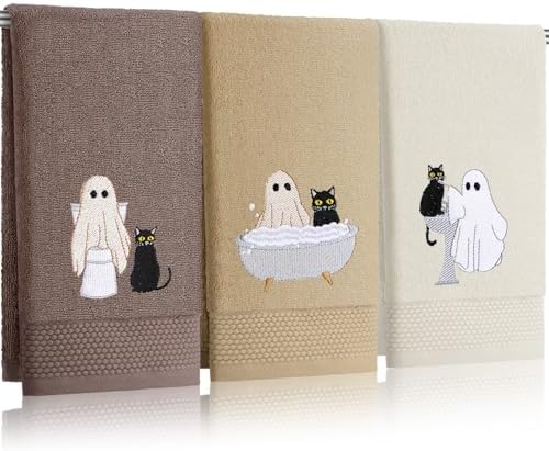 FuWeave 3 Pcs Brown Halloween Ghost Cat Hand Towels for Bathroom
