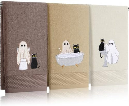 FuWeave 3 Pcs Brown Halloween Ghost Cat Hand Towels for Bathroom