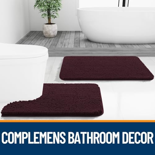 OLANLY Chenille Bathroom Rugs Sets 2 Piece, 47"x20"+24"x20", Black Cherry