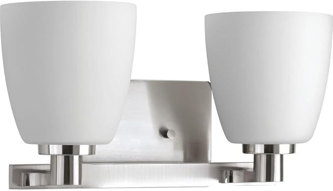 Progress Lighting 2 Light Bathroom Vanity Light, Coastal Style Modern Bath Lighting Fixture with Etched White Glass Shade for Over The Mirror, Reversible Mounting, Fleet Collection, Brushed Nickel