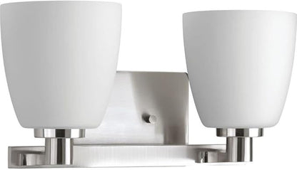 Progress Lighting 2 Light Bathroom Vanity Light, Coastal Style Modern Bath Lighting Fixture with Etched White Glass Shade for Over The Mirror, Reversible Mounting, Fleet Collection, Brushed Nickel