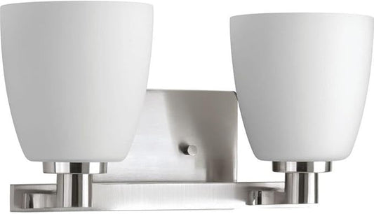 Progress Lighting 2 Light Bathroom Vanity Light, Coastal Style Modern Bath Lighting Fixture with Etched White Glass Shade for Over The Mirror, Reversible Mounting, Fleet Collection, Brushed Nickel
