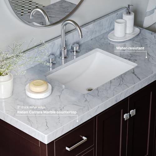 ARIEL Cambridge 48-inch Bathroom Vanity with Sink,Solid Wood, 2-inch Italian Carrara Marble Countertop, Single Rectangular Porcelain Sink, 2 Soft Closing Doors, 9 Dovetail Drawers, Espresso