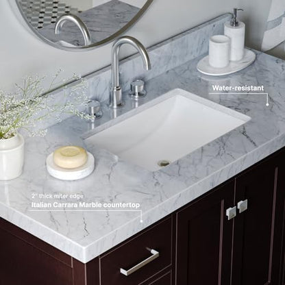 ARIEL Cambridge 48-inch Bathroom Vanity with Sink,Solid Wood, 2-inch Italian Carrara Marble Countertop, Single Rectangular Porcelain Sink, 2 Soft Closing Doors, 9 Dovetail Drawers, Espresso