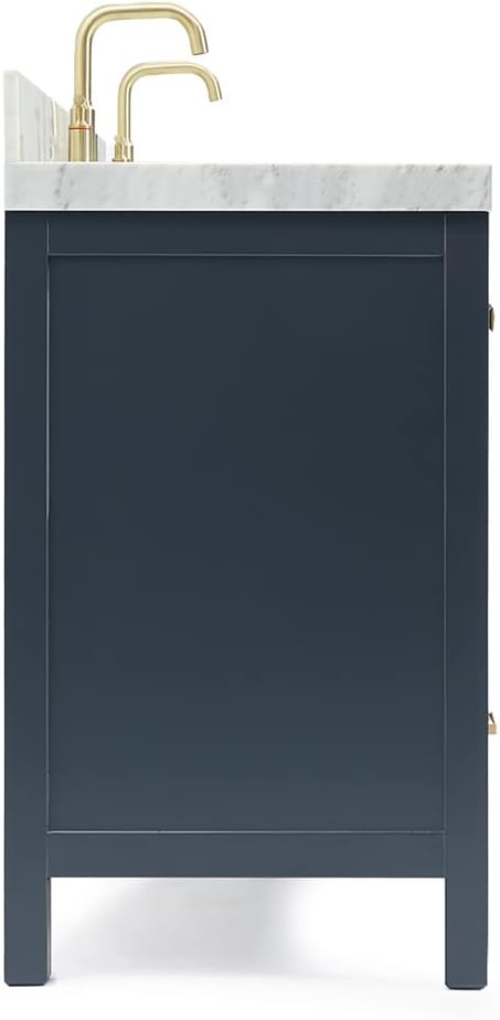 ARIEL Cambridge 60-inch Bathroom Vanity with Sink,Solid Wood, 2-inch Italian Carrara Marble Countertop, Double Rectangular Porcelain Sink, 4 Soft Closing Doors, 6 Dovetail Drawers, Midnight Blue