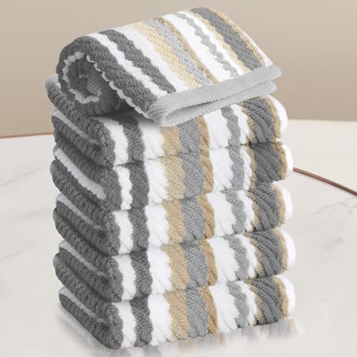VOOVA & MOVAS Striped Washcloths 6 Pack, 100% Cotton, 13x13 in, Gray Beige