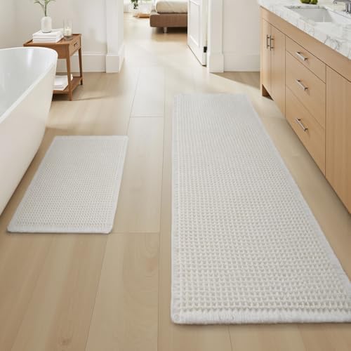 Upgraded Waffle Bath Mat Set of 2 Absorbent Bathroom Mat 17"x24" + 17"x48"