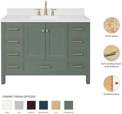 ARIEL Cambridge 48-inch Bathroom Vanity with Sink,Solid Wood, 1.5-inch Carrara White Quartz Countertop, Single Rectangular Porcelain Sink, 2 Soft Closing Doors, 9 Dovetail Drawers, Vintage Green
