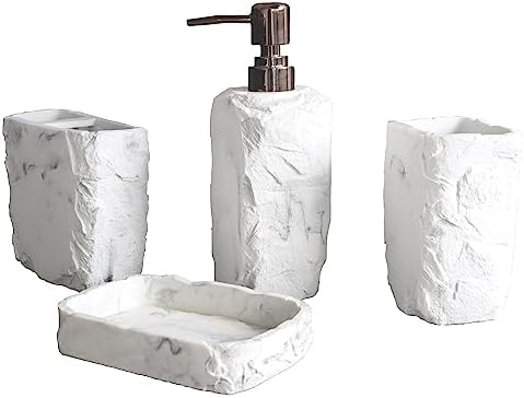 Hymmah Marble Bathroom Accessories Set,Marble Design Toothbrush Holder,Farmhouse Bathroom Decor,4 Pcs Resin Gift Set Apartment Necessities, Contain Toothbrush Cup,Soap Dispenser,Soap Dish,Tumbler