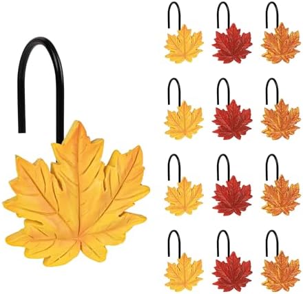 Sunlit Maple Leaf Shower Curtain Hooks for Fall Autumn, Home Decorative Shower Curtain Rings with Black Hooks for Bathroom, Resin, Orange Red Shower Curtain Hangers Bath Accessories, Set of 12