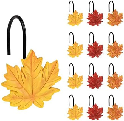 Sunlit Maple Leaf Shower Curtain Hooks for Fall Autumn, Home Decorative Shower Curtain Rings with Black Hooks for Bathroom, Resin, Orange Red Shower Curtain Hangers Bath Accessories, Set of 12