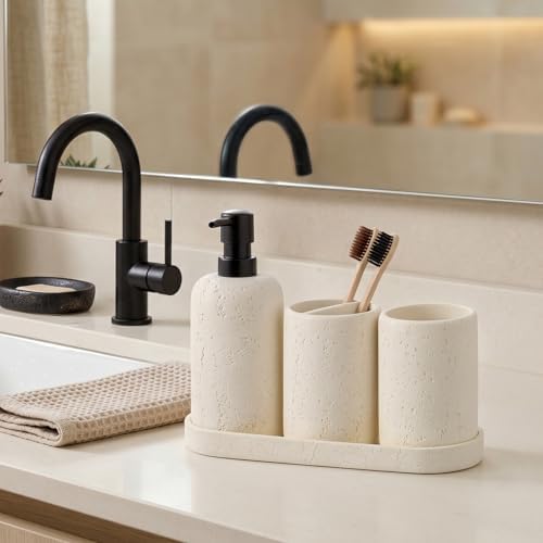 Bathroom Accessories Set,4 PCS Travertine Stone Look Collection,Cream