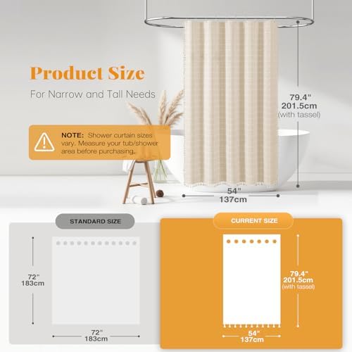 BTTN 54x78 Boho Farmhouse Linen Heavy Duty Shower Curtain Set, Cream/Beige