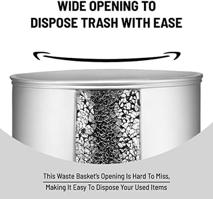 Zahari Home 2pc Sinatra Silver Modern Bath Accessories Set Waste Basket & Tissue Box Modern Classic Contemporary Decorative Beautiful Designs Bathroom Decor Set for Home Mosaic Glass