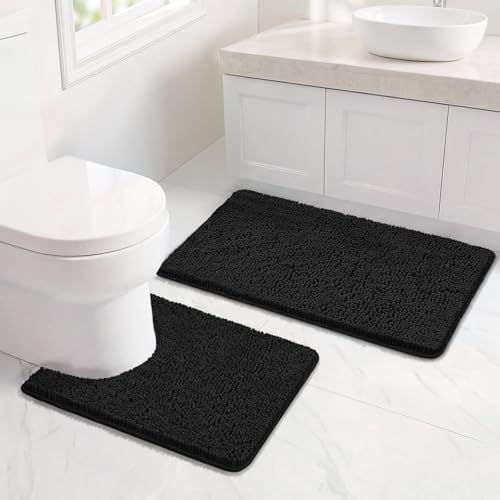 Bcoimo U Shaped Bath Rug Mat Set,2 Piece Chenille Black Toilet Bathroom Rug