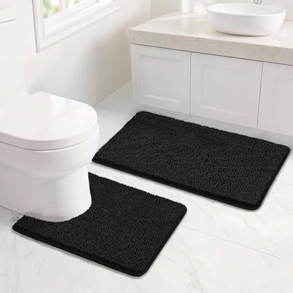 Bcoimo U Shaped Bath Rug Mat Set,2 Piece Chenille Black Toilet Bathroom Rug