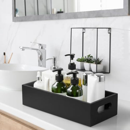 ALELION 14 Inch Black Wood Bathroom Storage Basket with Handles, Toilet Paper Basket for Back of Toilet Tank Top, Wooden Organizer Tray for Bathroom Countertop, Vanity, Kitchen, Pantry, Laundry Room