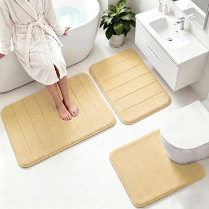Memory Foam Bath Mat Set 3 Piece，Super Soft Absorbent Bathroom Rug Non Slip, Quick Dry,Machine Wash, Perfect Plush Bathroom Rugs,Home Decor Accessories,Beige