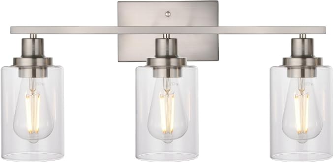 MELUCEE 3 Lights Wall Sconce Brushed Nickel Finished 20.5 Inch | Modern Bathroom Vanity Light Fixtures with Clear Glass Shade Suit for Porch Bedroom Foyer Kitchen (Patent No.: US D963914 S)