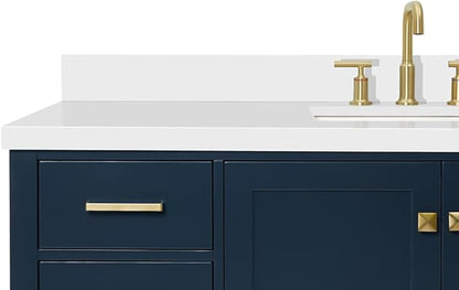 ARIEL Cambridge 60-inch Bathroom Vanity with Sink,Solid Wood, 1.5-inch Pure White Quartz Countertop, Single Rectangular Porcelain Sink, 2 Soft Closing Doors, 9 Dovetail Drawers, Midnight Blue