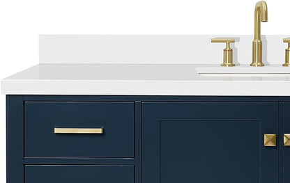 ARIEL Cambridge 60-inch Bathroom Vanity with Sink,Solid Wood, 1.5-inch Pure White Quartz Countertop, Single Rectangular Porcelain Sink, 2 Soft Closing Doors, 9 Dovetail Drawers, Midnight Blue