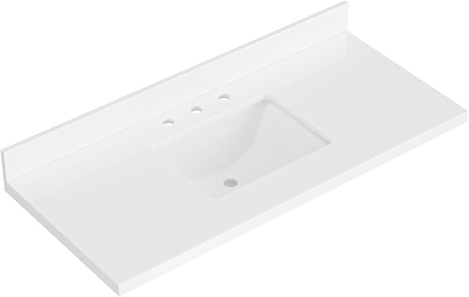 ARIEL 49 inch Bathroom Vanity top with Sink, 1.5 Inch Thick Miter Edge White Quartz top, Rectangle Single Porcelain Sink, Includes Backsplash