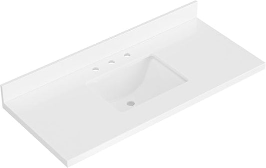 ARIEL 49 inch Bathroom Vanity top with Sink, 1.5 Inch Thick Miter Edge White Quartz top, Rectangle Single Porcelain Sink, Includes Backsplash