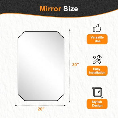 Delma Bathroom Vanity Mirror, Black Framed Aluminum Bathroom Mirror for Over Sink, Scalloped Round Corner Wall Mirror, High-Definition Vanity Mirror, Hangs Horizontally or Vertically (30x20, Black)