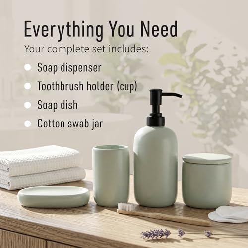 Ava Nord Modern Minimalist Ceramic Bathroom Accessories | Set of 4 | Green