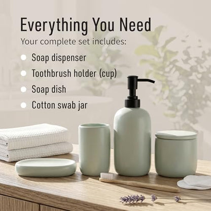 Ava Nord Modern Minimalist Ceramic Bathroom Accessories | Set of 4 | Green