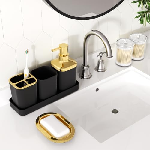 XLHOMO Bathroom Accessories Set - 25PC Bathroom Set with Shower Curtain and Rugs, Black Bathroom Set, Bathroom Accessory Set with Press-on Lid Trash Can, Soap Dispenser and Qtip Holders