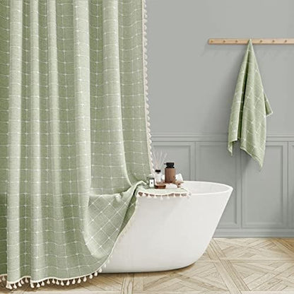 BTTN 60x72 Boho Farmhouse Linen Heavy Duty Shower Curtain Set, Sage Green