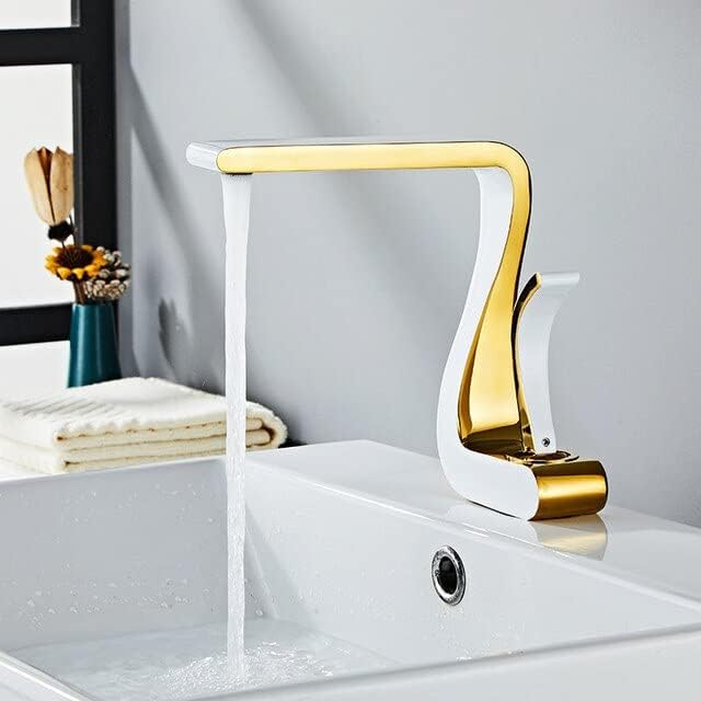 Bathroom Faucet Mixer Tap Brass Wash Basin Hot and Cold Sink Modern-ORB(White and Gold)