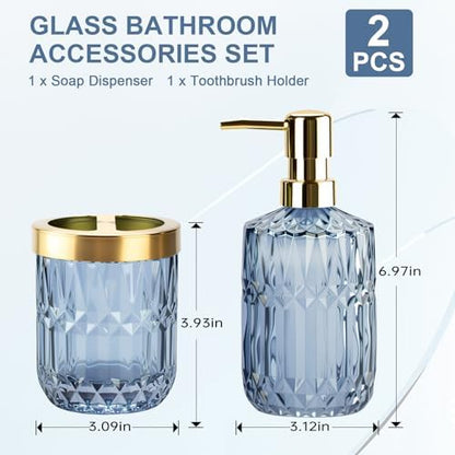 Glass Bathroom Toothbrush Holder and Soap Dispenser Set, Blue