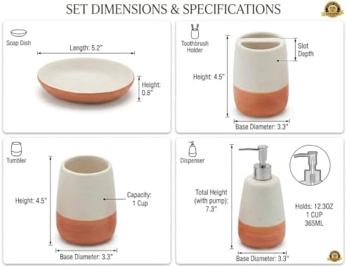 4 Piece Ceramic Bathroom Accessories Set, Soap Dispenser, Toothbrush Holder, Tumbler and Soap Dish, Speckled White & Terracotta Bathroom Counter Set, Modern Boho Farmhouse Decor 2. Product Description