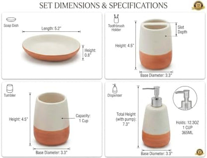 4 Piece Ceramic Bathroom Accessories Set, Soap Dispenser, Toothbrush Holder, Tumbler and Soap Dish, Speckled White & Terracotta Bathroom Counter Set, Modern Boho Farmhouse Decor 2. Product Description