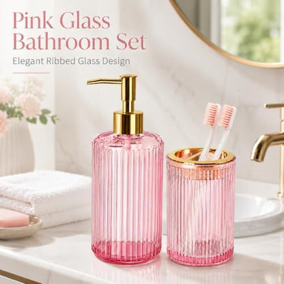 Pink Glass Bathroom Accessories Set, Soap Dispenser and Toothbrush Holder