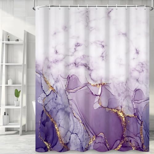 Marble Shower Curtain, Ombre Purple Gold Ink Shower Curtains for Bathroom, Modern Abstract Aesthetic Bathtub Decor Waterproof Fabric Watercolor Bath Curtain Set with Hooks 48x72 inch