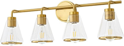 30" 4-Light Brushed Gold Modern Bathroom Vanity Light Fixtures Over Mirror | Clear Glass Shade, Heat-Resistant Ceramic E26 Socket, Wall Sconces, Rustproof, Fit 32–40 Inch Mirrors for Vanity Table