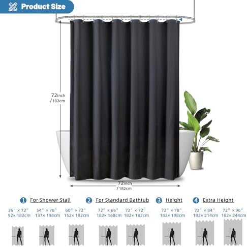1 Pack Water-Repellent Fabric Shower Curtain Liner, 72x72 Black