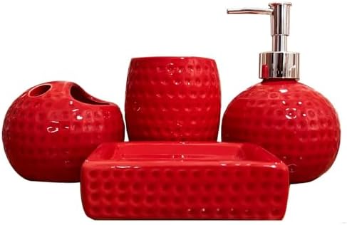 Bathroom Accessories Set,4 Pcs Red Ceramic Bathroom Accessory Set Complete with Toothbrush Holder,Tumbler,Lotion Dispenser, Soap Dish Perfect for Bathroom Theme Gift
