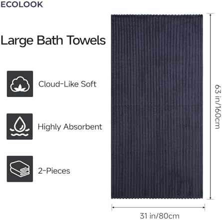 ecolook Microfiber Bath Towel Set of 2, 31 x 63 in, Soft and Highly Absorbent, Lightweight Shower Towels for Bathroom, Gym, Hotel and Spa,Dark Gray