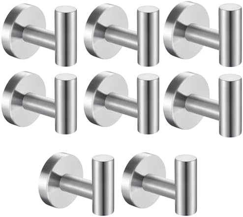8 Pcs Silver Bathroom Towel Hook Robe Towel Hooks Coat Wall Hook Stainless Steel Heavy Duty Door Hanger Towel Robe Clothes Cabinet Closet Sponges Hook for Bathroom Bedroom Kitchen Hotel Pool