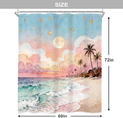 Ocean Blue Sea Watercolor Cloud Pink Waves Bathroom Shower Curtain Set