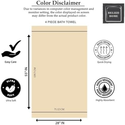 BELZZI Home Ultra Soft 4 Pack Oversized Bath Towel Set 27x54, Cotton Compact Bath Towels, Highly Absorbant Eco-Friendly Quickdry & Lightweight Towel, Ideal for Gym Travel Camp Pool - Mineral Blue