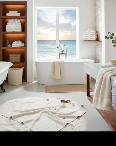 BIOLINEN Ivory 6 Piece Towel Set, 2 Bath Towels 2 Hand Towels 2 Washcloths, 100% Cotton Soft Absorbent Towel Sets for Bathroom Home Gym Spa Travel
