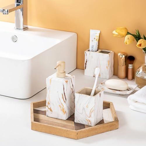 RQYIXI Ceramic Bathroom Accessories Set,Gold,4 Piece,Marble Design