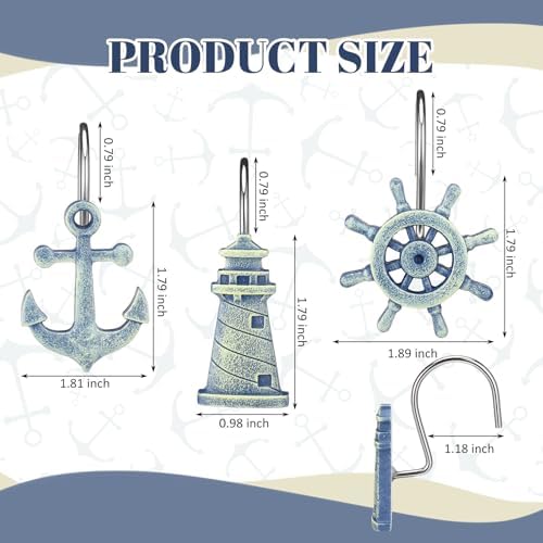Amyhill 12 Pcs Nautical Shower Curtain Hooks Decorative Shower Curtain Rings Stainless Steel Resin Sea Theme Bathroom Decor Suitable for Home Bedroom