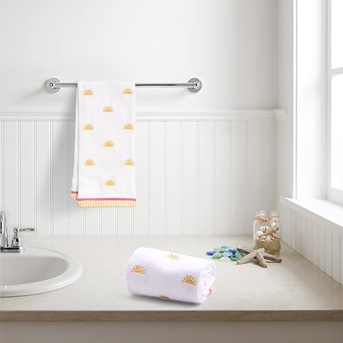 Ritz 2-Piece Cotton Velour Bathroom Hand Towel Set, Embroidered Sun Allover Pattern, Soft White Decorative Towels with Yellow & Pink Striped Border, Bath Decor, 16” x 26”